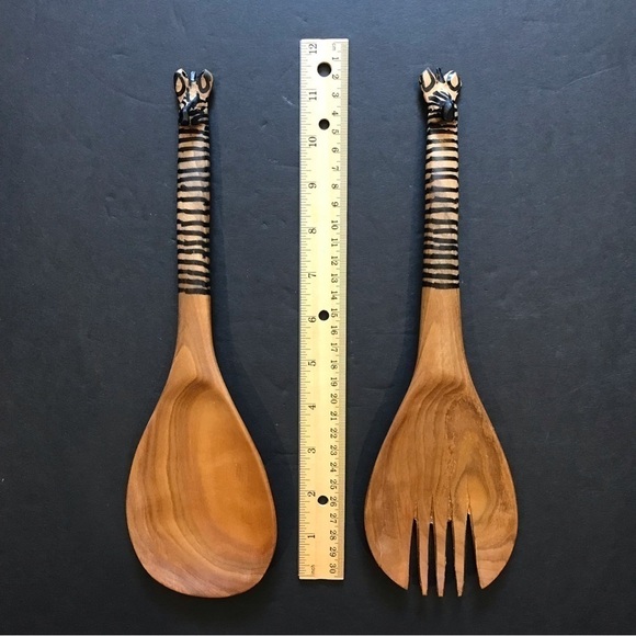 African Hand Carved Wooden Zebra Serving Spoons, Two Piece Set - Picture 9 of 10